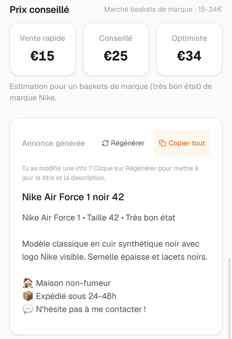Prix conseillés : vente rapide 15 €, conseillé 25 €, optimiste 34 €, puis l'annonce Nike Air Force 1 noir 42