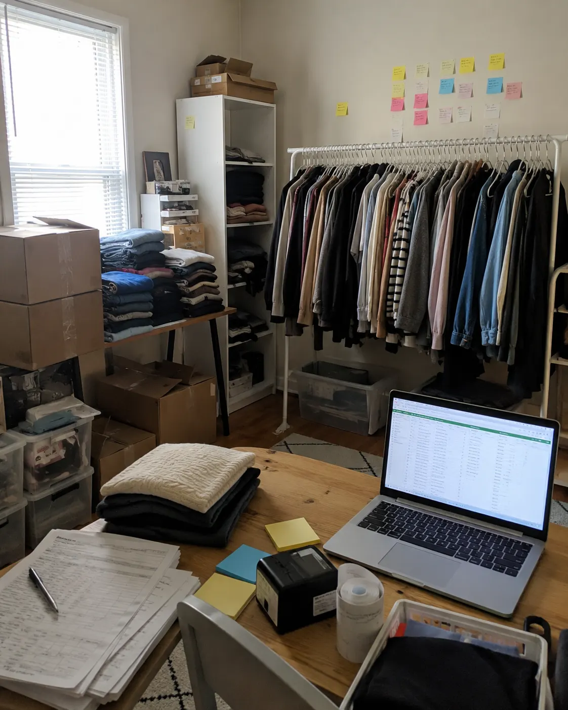 L'envers du décor d'un vendeur Vinted : portant rempli, cartons d'expédition, Excel à l'écran