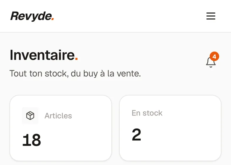 Écran Inventaire : 18 articles, dont 2 encore en stock
